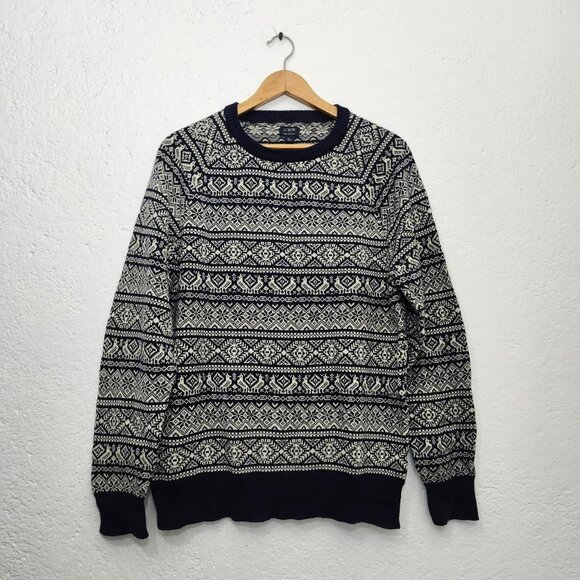 J.Crew 100% cotton crewneck Fair Isle sweater Navy and White - Picture 1 of 4